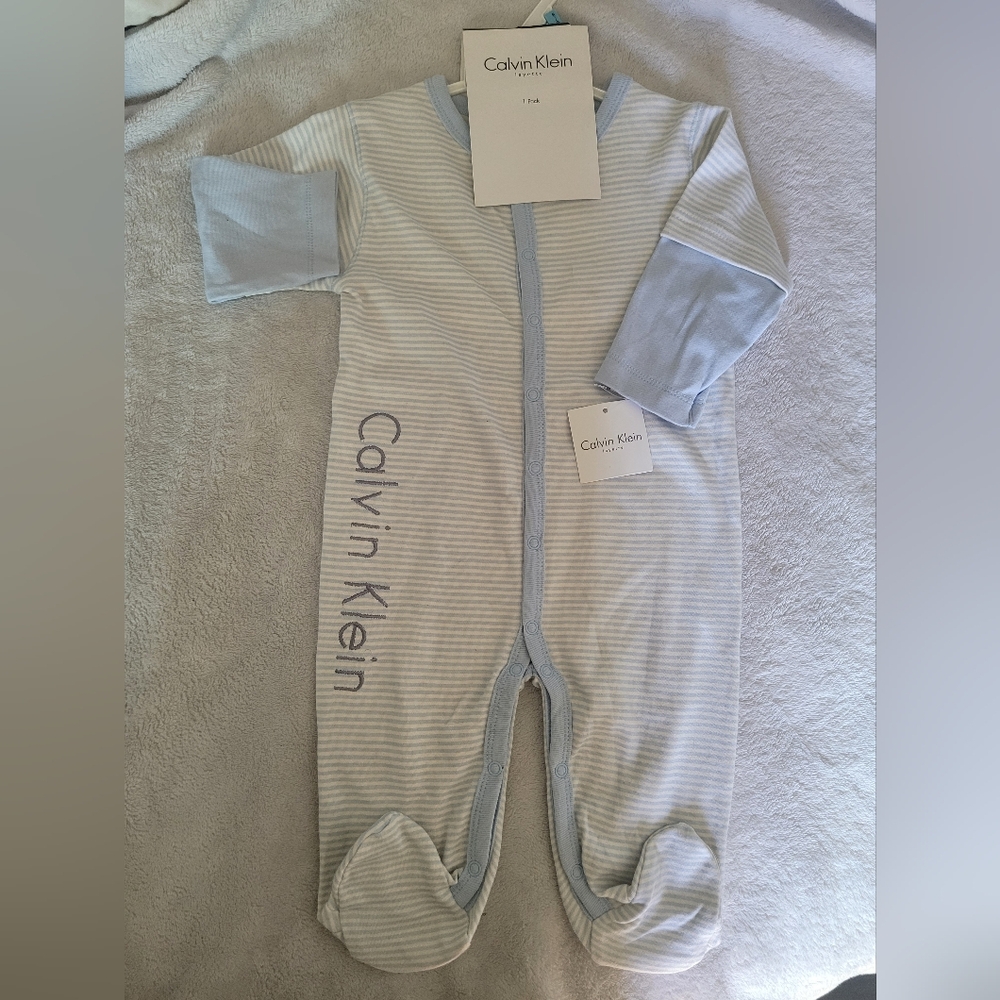 Calvin Klein Light Blue and White Striped Baby Layette